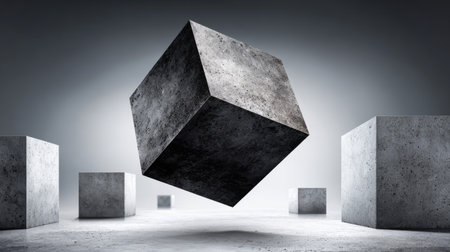 This image features several cubic shapes with a rough, textured surface, possibly concrete or stone. The cubes float against a softly lit, neutral-toned backdrop, creating a sense of depth and dimension. The composition is modern and minimalist, suitable for various design projects and editorial uses.の素材