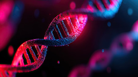 This image features a detailed representation of a DNA helix, rendered with a combination of pink and blue lighting. The structure is set against a dark background, enhancing the visibility of its intricate design. Suitable for use in scientific publications, educational materials, and conceptual illustrations, the image is devoid of specific locations or personal identifiers.の素材