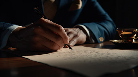 A close-up view depicts a person's hand using a fountain pen to write on aged paper. The composition focuses on the action against a dark backdrop. The scene may be used to represent formal communication or creative writing. The lighting highlights the pen and paper, creating a sense of focus.の素材