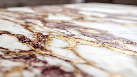 This image showcases a close-up of a marble surface, displaying a complex network of veins in shades of white, burgundy, and gold. The composition highlights the textures and patterns created by the natural stone. This versatile image could be used for various commercial projects related to design, architecture, or decorative elements.の素材