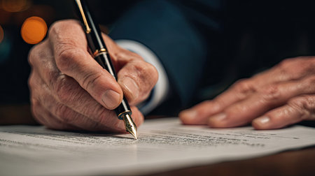 A close-up captures a person's hand using a fountain pen to write on paper. The image showcases the pen's intricate design and ink flow. The composition highlights the interaction between hand, pen, and paper. This imagery is suitable for illustrating business, education, or creative writing concepts.の素材