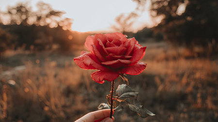 A close-up image presents a vibrant red rose held delicately, with a blurred background of a field at sunset. The composition uses warm colors with golden hues, and shallow depth of field, emphasizing the rose. Suitable for various projects including romantic themes, floral designs, or editorial purposes.の素材