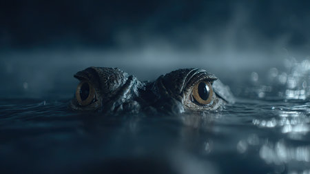 This image features a close-up of an alligator's eyes partially submerged in water. The scene presents a dark, aquatic environment with muted blues and greys, suggesting a nocturnal setting. The composition emphasizes the alligator's gaze, potentially suitable for editorial content or commercial applications related to wildlife.の素材