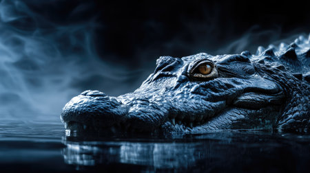 A detailed image captures an alligator emerging from water, revealing textured skin and an intense gaze. The composition utilizes a low-angle shot, focusing on the head and eye of the reptile. The scene is enveloped in dark tones, possibly during twilight or nighttime, suggesting a natural environment. Suitable for editorial and commercial projects.の素材