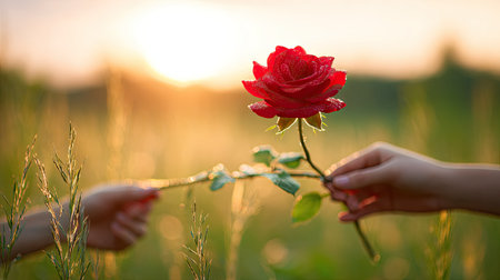 The image features a close-up of a red rose held by two hands, one handing the flower to the other. Set in a natural environment with a shallow depth of field, the background showcases a soft, blurred landscape bathed in warm sunlight. It has potential for use in various visual communications.の素材