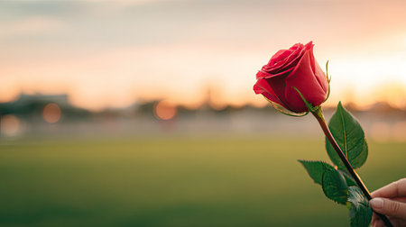 A striking red rose is the central focus, held delicately with a blurred background of a field bathed in warm, sunset hues. The image displays natural lighting and a shallow depth of field, emphasizing the rose's texture and detail. Suitable for romantic themes, design projects, or general decorative use.の素材