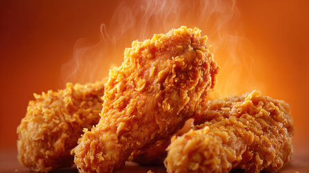This image showcases freshly fried chicken pieces, displaying a crispy, golden-brown exterior. The composition features soft lighting with visible steam. It is suitable for diverse commercial applications such as culinary publications, food-related websites, and advertising campaigns. The background provides a warm color.の素材