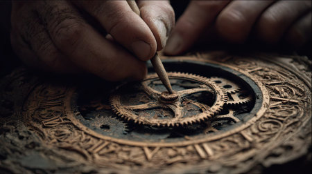 A close-up captures a hand delicately working on a detailed clockwork mechanism. The image features warm tones and a focus on textures. The intricate gear system is presented against a textured background. This detailed composition suggests a study in design and could be suitable for various commercial or artistic applications.の素材