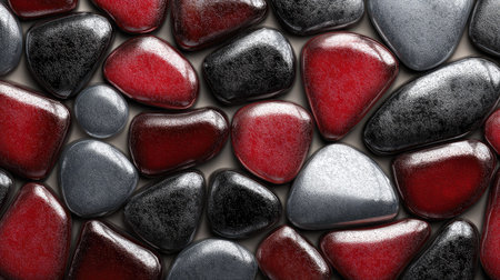 This image showcases a collection of smooth, polished stones in shades of red, black, and gray. The stones display a range of shapes and sizes, with reflective surfaces that suggest a wet or glossy texture. The close-up composition highlights the color variation and form. Suitable for diverse design projects.の素材
