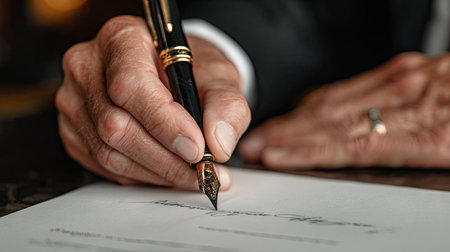A close-up view depicts a hand using a fountain pen to write on a white paper. The image showcases the pen's nib and ink flow. The composition emphasizes detail and clarity, suggesting professional settings. Suitable for illustrating business documents, contracts, or legal paperwork, it can be used for various commercial purposes.の素材