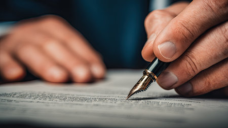 A person's hand holds a fountain pen, poised to write on a sheet of paper. The image showcases close-up detail, with a shallow depth of field. Colors include black and gold, with a blurred background. This visual could be used in various commercial or editorial contexts.の素材