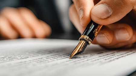 A close-up view shows a hand holding a fountain pen poised above a document. The pen's nib is in focus, highlighting its metallic details. The scene suggests an indoor setting with natural light illuminating the paper. This image is suitable for commercial applications related to writing, contracts, and legal documentation.の素材