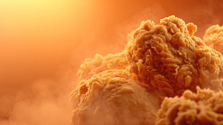 This image presents a close-up of crispy, golden-brown fried chicken. The food is set against a warm orange backdrop, creating a sense of depth. Soft lighting enhances the texture. Suitable for various uses, this image could serve culinary advertising, food blogs, or editorial content related to comfort food.の素材