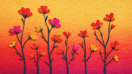 This image showcases a stylized floral illustration. The composition features several flower stems in various colors set against a gradient background of yellow, orange, and red hues. It utilizes a digital art style. This image may be suitable for decorative use, design projects, or editorial content.の素材