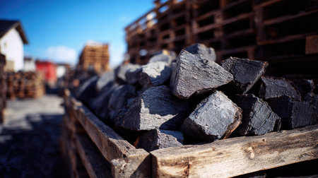 This image showcases a collection of stone blocks neatly arranged within wooden crates. The composition displays a close-up view with a shallow depth of field, highlighting the textures of the stone. The scene is bathed in natural light, suggesting an outdoor environment. Suitable for various commercial and editorial applications.の素材