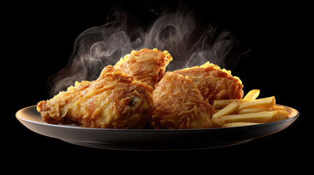 This image showcases golden-brown fried chicken pieces and french fries arranged on a plate. The composition features a dark background, highlighting the food's texture and color. Soft lighting adds depth, suggesting a restaurant or studio setting. This picture could be used for culinary projects or food-related commercial applications.の素材