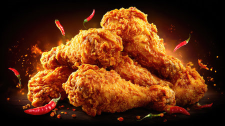 This image showcases a pile of golden-brown fried chicken drumsticks, presented with vibrant red chili peppers. The lighting highlights the texture of the chicken against a dark backdrop. Suitable for advertising, culinary, or editorial use, this image could be employed in various food-related projects.の素材