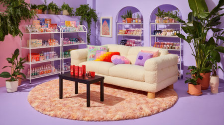 This interior showcases a living room featuring a comfortable sofa, complemented by shelves stocked with various items. The scene is brightly lit, showcasing pastel colors with a modern design aesthetic. The arrangement suggests a relaxing environment, suitable for lifestyle imagery and editorial content.の素材