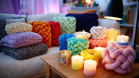 A close-up captures a collection of colorful knitted pillows and lit candles arranged on a wooden table. The scene showcases various hues and textures of yarn. The warm lighting suggests an inviting indoor atmosphere suitable for home decor projects and lifestyle visuals. The composition emphasizes comfort and relaxation.の素材
