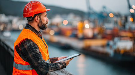 A construction worker wearing safety gear examines a tablet, overseeing harbor activities. The scene shows a man in an orange vest and hard hat, set against a backdrop of industrial infrastructure. The image showcases available copy space and is suitable for various commercial or illustrative purposes.の素材