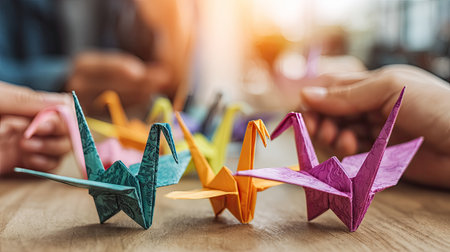 Several folded origami cranes are displayed on a wooden table. The paper birds feature vibrant colors including blue, orange, and purple. Warm lighting suggests a daytime setting. This image is suitable for various commercial uses, illustrating concepts like art, crafts, and creativity.の素材
