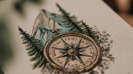 An illustrated compass rests on a white surface, surrounded by detailed drawings of a mountain range and pine trees. The artwork features a warm color palette with brown and green hues. The composition suggests an artistic concept suitable for travel and adventure themes with potential uses in design projects.の素材