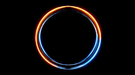 An abstract composition features a glowing circle rendered with orange and blue hues. The smooth, illuminated lines form a circular shape against a stark black background. The image, with its contrasting colors and simple design, could be suitable for digital art, design projects, or thematic illustrations.の素材
