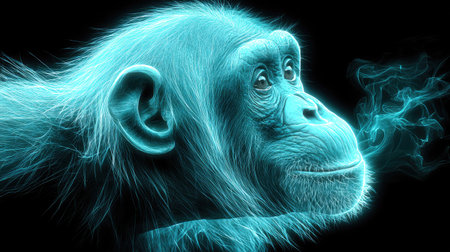 An illustration features a chimpanzee rendered with glowing blue energy against a dark background. The image highlights the animal's form and facial features. The digital artwork employs a conceptual style and soft lighting, creating a striking contrast. Potential uses include science fiction, fantasy, or illustrative editorial content.の素材
