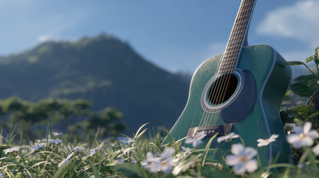 An acoustic guitar rests in a field, framed by flowers and greenery, with a mountain range providing the background. The scene showcases natural light and a focus on color and texture, suggesting a peaceful, outdoor setting. This image is suitable for various commercial uses, including advertising and editorial content.の素材