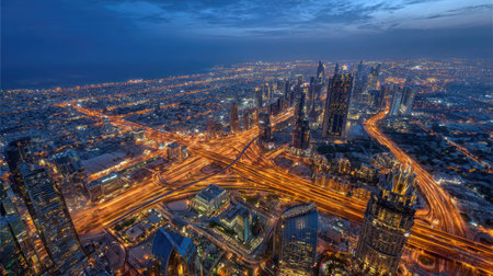 An aerial view presents a sprawling cityscape at dusk, showcasing numerous illuminated skyscrapers and roads. The composition features a symmetrical layout with buildings and highways. The lighting creates a dynamic visual effect, with warm tones against a cool, dark sky. It is suitable for various commercial uses.の素材