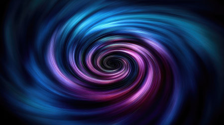 An abstract illustration presents a swirling vortex, primarily composed of blue, purple, and pink hues. The composition features a dynamic, spiral pattern that appears to emanate from a central point. This stylized artwork, characterized by smooth gradients and a dark backdrop, could be used for various design projects or visual representations.の素材