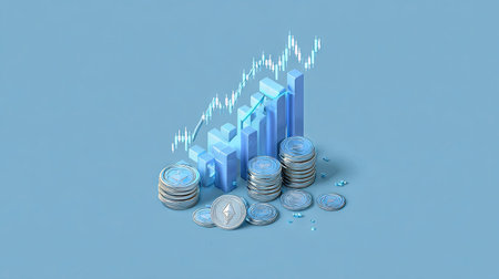 This image showcases a stylized representation of financial elements. The composition features stacks of coins, a rising bar graph, and a line chart, all rendered in a monochromatic blue palette. The smooth, digital style suggests a modern, technology-driven theme, suitable for business and finance-related visual content. It conveys concepts related to economics and investments.の素材