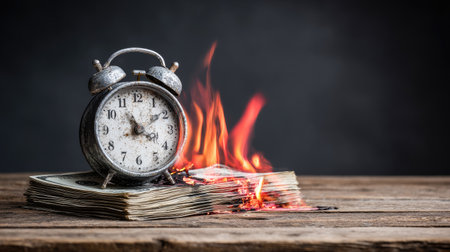 An alarm clock sits atop a stack of burning money, highlighting financial loss. The composition includes vibrant flames against a dark background, suggesting urgency and instability. The image employs a shallow depth of field, focused on the clock, with wooden textures in the foreground. This visual is suitable for commercial and editorial purposes.の素材