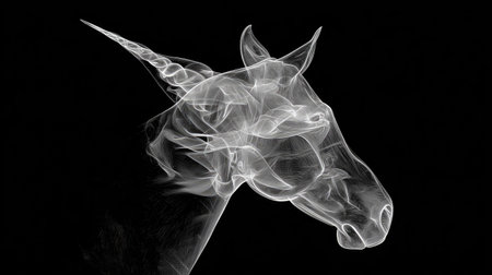 An ethereal artwork presents a unicorn head formed from delicate smoke. The image features soft, wispy textures of white against a stark black background, emphasizing contrast and form. This conceptual piece uses dramatic lighting to highlight the shape, suitable for artistic illustrations and designs. It could be used in various commercial applications.の素材