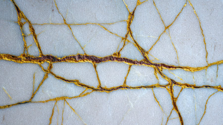 This image presents a close-up view of a marble surface featuring golden veins. The background showcases a white and light blue color palette, contrasted by the intricate network of gold and brown crack patterns. This detailed, high-resolution visual could be used for various design projects and digital art applications.の素材
