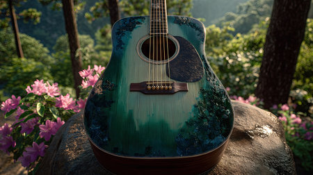 Acoustic guitar is displayed outdoors, resting on a stone. The instrument showcases an artistic design with shades of green and blue. The scene is bathed in soft lighting, highlighting textures. This image would be suitable for promoting music, art, or creative endeavors.の素材