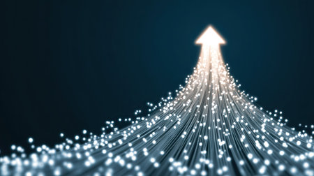 An upward-pointing arrow formed by glowing light trails is set against a dark blue backdrop. The digital artwork showcases a dynamic visual with a multitude of bright, small lights creating the arrow's shape. This composition may be suited for commercial designs and editorial pieces relating to concepts like growth.の素材