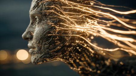 This image features an abstract portrait in profile, highlighting a human face. It showcases glowing energy lines emanating from the head, creating a dynamic visual. The composition utilizes a shallow depth of field, with soft focus on the background. This artistic representation could be suitable for various commercial or conceptual projects.の素材