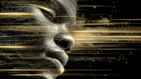 This artwork depicts a profile portrait with a blend of metallic textures and dynamic light trails. The composition features a face emerging from dark space, accented by streaks of gold. This image is suitable for a wide variety of conceptual and illustrative applications. Suitable for editorial and commercial use.の素材