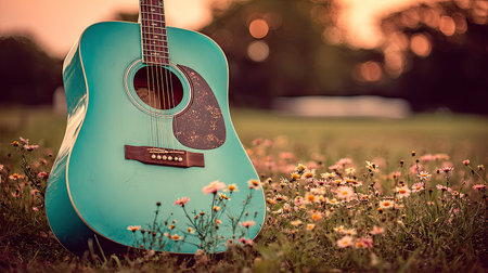 An acoustic guitar, teal in color, rests amidst a field of wildflowers. The image features a shallow depth of field, with soft focus on the background. The scene is illuminated by natural light, giving a warm ambiance. This image can be suitable for various creative or illustrative projects.の素材