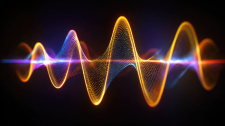 An abstract digital illustration showcases a flowing wave-like pattern in vibrant colors against a dark backdrop. The design features dynamic lines and light effects, creating a visually stimulating composition. This image is suitable for various commercial uses, including website design, advertising, and editorial content.の素材