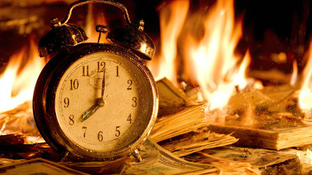 An antique alarm clock is engulfed in flames, symbolizing concepts of time, money, and potential loss. The image features warm tones of orange and yellow, with detailed textures of the clock and the fire. This visual could be used in various commercial or editorial projects to represent urgency, crisis, or deadlines. The setting appears to be indoors at night.の素材