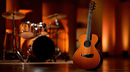 An acoustic guitar stands prominently on a stage, with a drum set slightly out of focus in the background. The scene is illuminated by warm, inviting lighting, casting shadows and creating depth. This image would be suitable for promotional materials related to music, performance, or entertainment.の素材