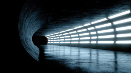 A dark, curved tunnel is illuminated by bright, horizontal lines of neon lights. The smooth, wet surface reflects the glow, creating a futuristic and possibly industrial environment. The composition utilizes low-key lighting and a sense of depth, suitable for various design projects.の素材