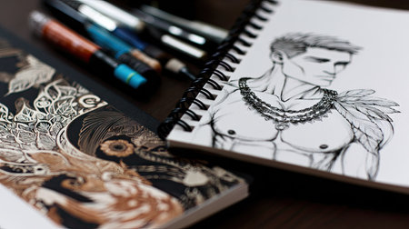 An open sketchbook features an illustration of a man with detailed lines. The composition includes other notebooks with intricate patterns and various pens. The warm lighting highlights the artistic details. Suitable for illustrating art, design, or creative projects, this image could be used for editorial purposes.の素材