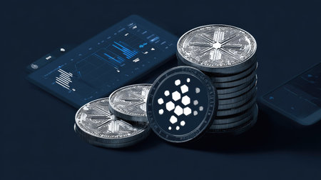 Several crypto coins are stacked and scattered near a digital display screen. The image showcases metallic coins with detailed surfaces, set against a dark, contrasting backdrop. The composition is likely captured indoors, possibly designed for commercial use, highlighting financial concepts. The overall aesthetic suggests themes of technology and finance.の素材