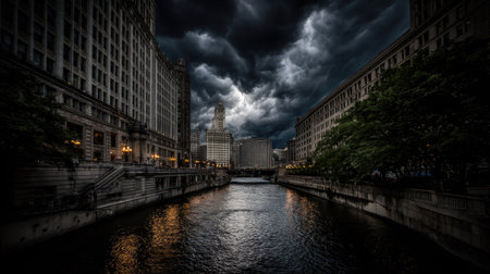 An urban scene depicts towering buildings flanking a waterway under a brooding sky. The composition features a dark, cinematic aesthetic with muted colors and dramatic lighting effects. This visual could be used for various commercial projects and editorial content relating to urban environments or weather.の素材