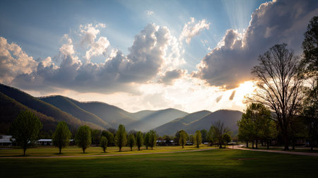 A scenic landscape showcases rolling hills under a dramatic sky. A vibrant green meadow fills the foreground, with trees dotting the scene. Sunlight streams through clouds, illuminating the landscape. This image would be suitable for various commercial uses, including website backgrounds and print media.の素材