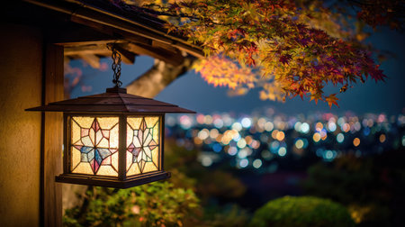 An illuminated lantern hangs in the foreground, showcasing stained-glass panels. Autumn foliage and city lights create a blurred backdrop. Warm lighting illuminates the scene, suggesting a nighttime setting. Suitable for various editorial and commercial applications. The composition emphasizes depth and a sense of tranquility.の素材