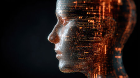 This image features a human face overlaid with a network of digital circuits and lines, suggesting technology. The portrait presents a side profile of a face, rendered with a gradient of warm, orange hues on a dark background. The combination of human form and technical elements may be suitable for illustrations of futuristic concepts.の素材